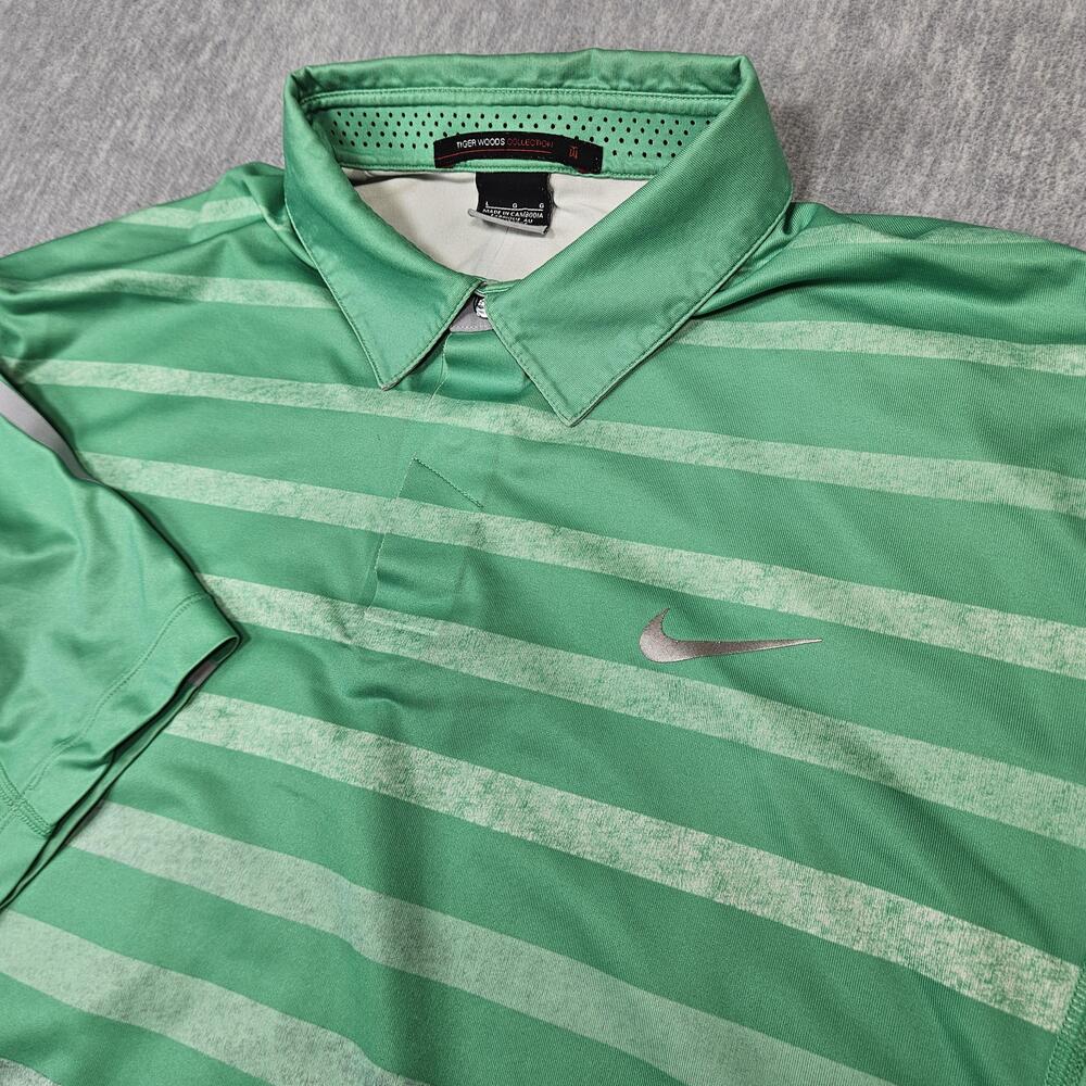 Nike Polo Shirt Mens L Green Striped Tiger Woods Dri-Fit Golf Performance